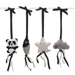 A set of four handcrafted dingle dangle toys in black and white them: a panda, feather, star, and cloud. Made from soft felt with ribbons, designed for infant sensory development.