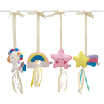 A set of four handcrafted dingle dangle toys in fantasy unicorn theme in bright colours: a unicorn, shooting star, star, and rainbow. Made from soft felt with ribbons, designed for infant sensory development.