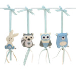A set of four handcrafted dingle dangle toys in woodland animal shapes in shades of blue: a rabbit, an owl, a bear, and a deer. Made from soft felt with ribbons, designed for infant sensory development.