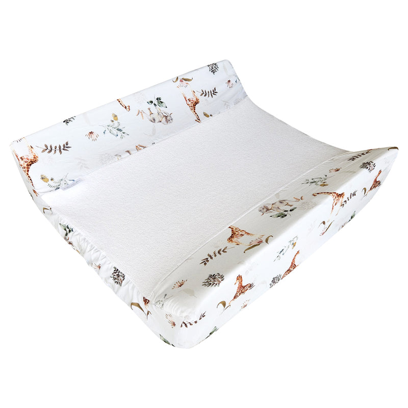 Ruby Melon Baby Change Mat Cover with watercolour style african safari elephant and giraffe print