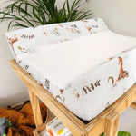 Ruby Melon Baby Change Mat Cover with watercolour style african safari elephant and giraffe print