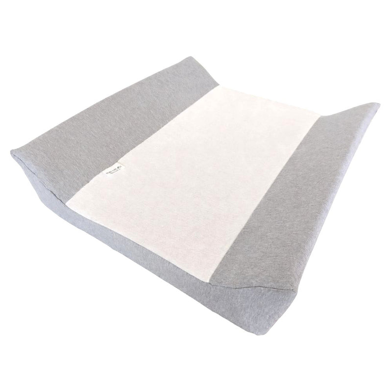 Grey baby change mat cover with a white towelling centre on a pure white background..