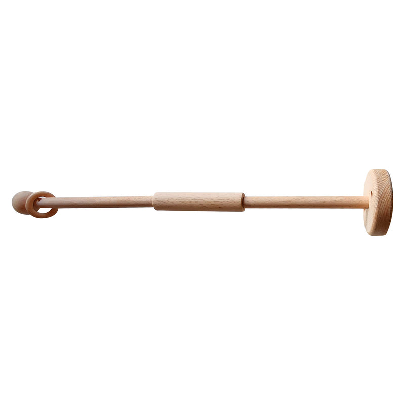 A simple wooden cot mobile hanger designed to be wall-mounted, featuring a central rod with attachments at each end, intended for hanging mobile toys.
