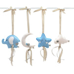 A set of four handcrafted dingle dangle toys in a blues and whites: a moon, star, cloud, and ellie. Made from soft felt with ribbons, designed for infant sensory development.
